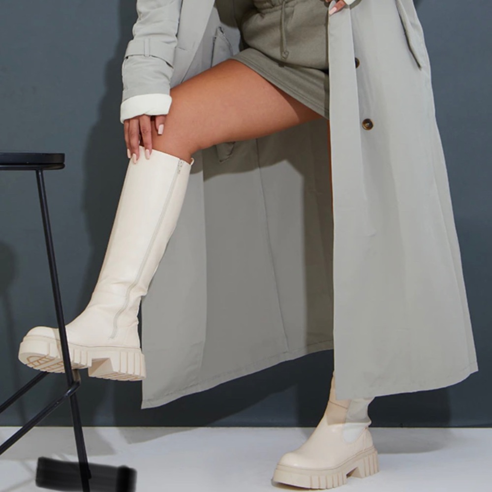 PrettyLittleThing Cleated Sole Exposed Stitch Knee Boots